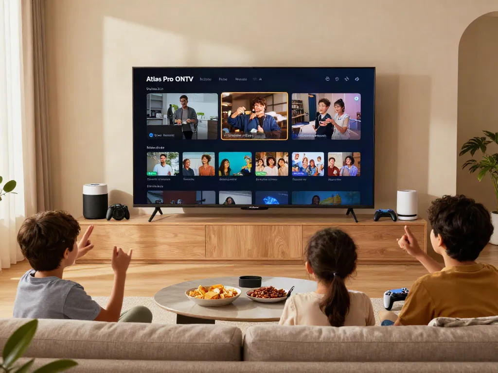 Famille regardant Atlas Pro ONTV dans un salon moderne, ambiance chaleureuse.