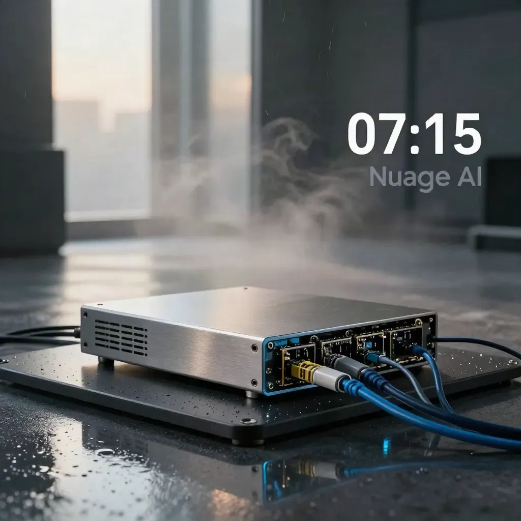 Module IA en aluminium, routeur fibre et caddies SSD sur seuil industriel humide à l’aube.