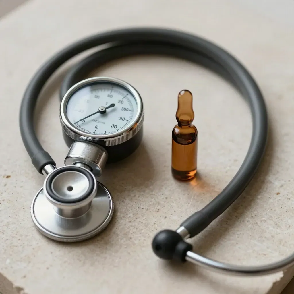 Tensiomètre chromé, stéthoscope noir et flacon ambré sur pierre claire, vue du dessus.