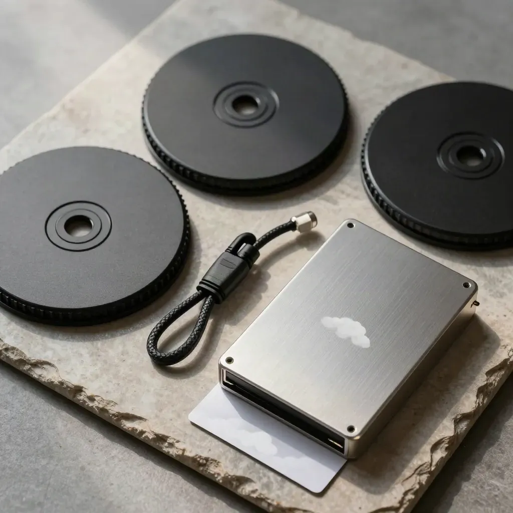 Vue de dessus de disques noirs, câble tressé et module métallique sur pierre graphite, lumière douce.