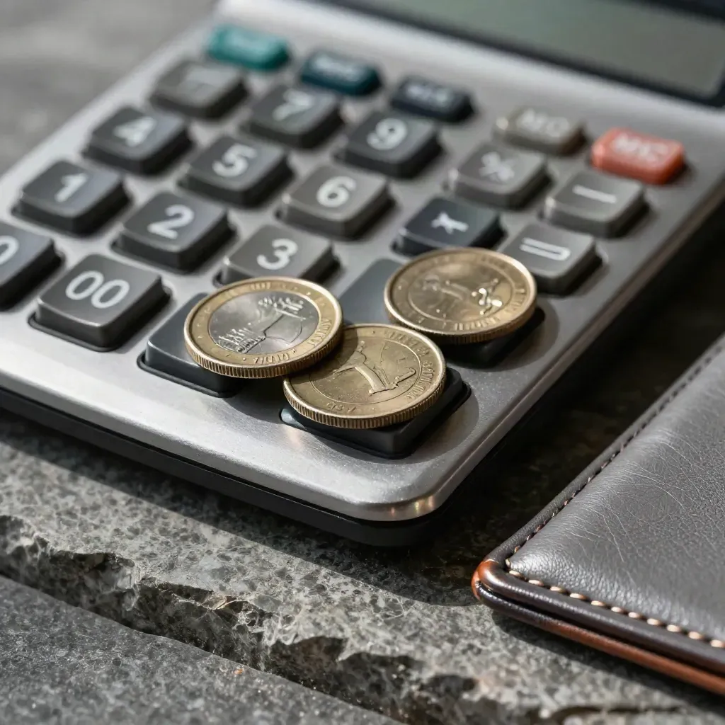 Calculatrice en aluminium, pièces mates et étui cuir gris sur pierre, lumière dramatique.