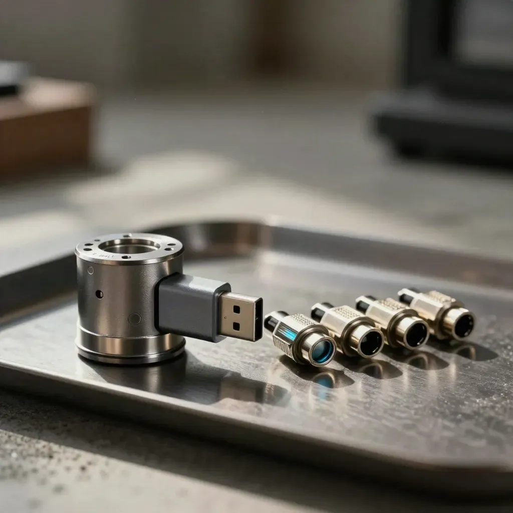 Coupleur magnétique, adaptateur USB-C et connecteurs RJ45 sur métal sombre.