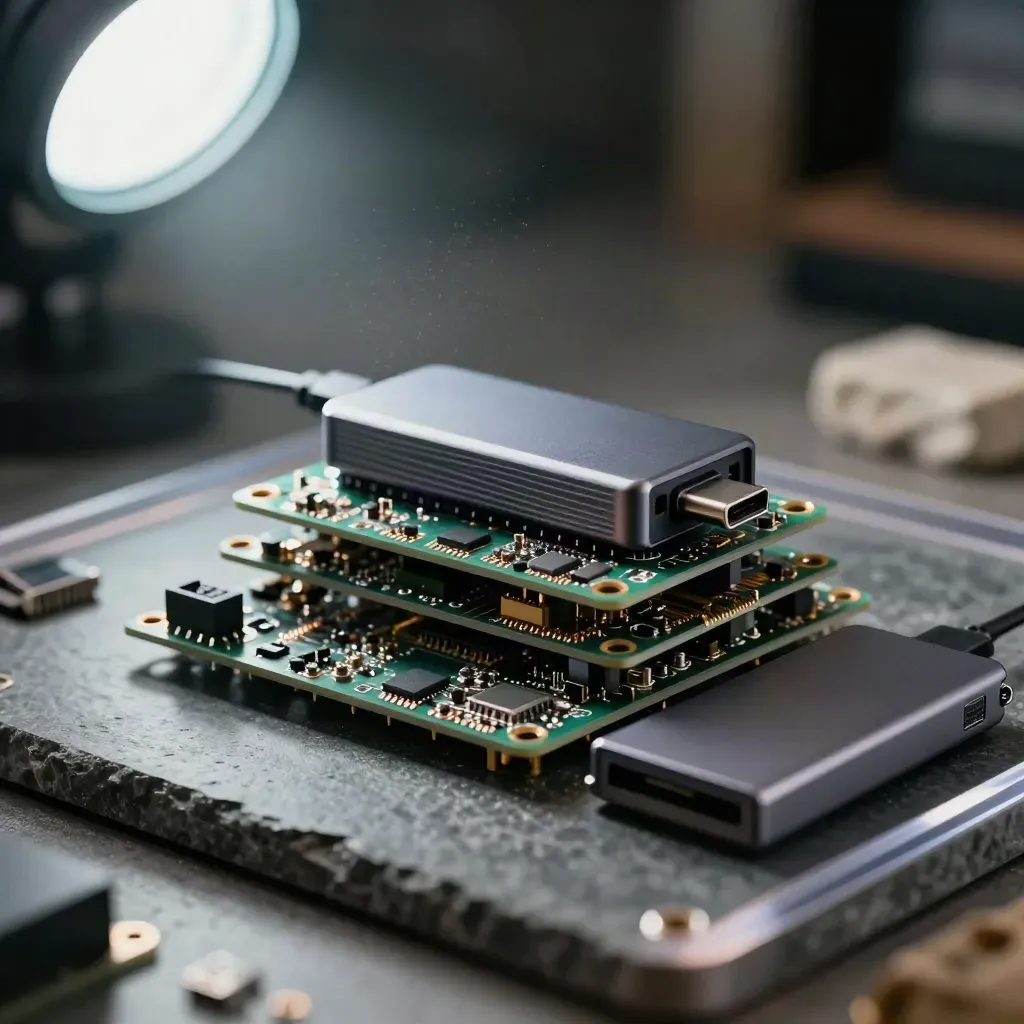 Cartes de prototypage, boîtier 3D brut, hub USB-C et SSD portable sur pierre sombre.