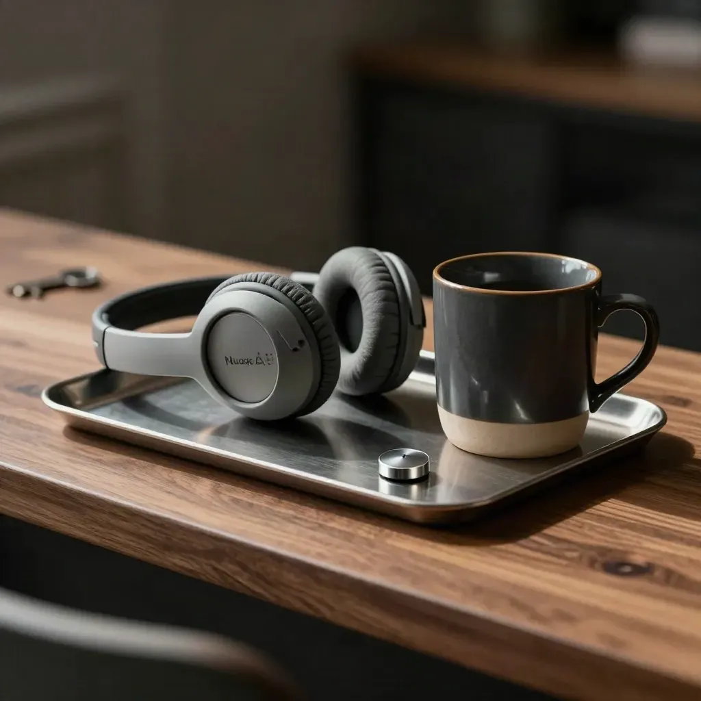 Casque gris, tasse sombre, bac métal et bouton mute sur une table de studio sombre.