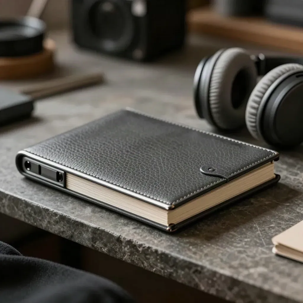 Gros plan de lecteur de cartes, étui de notes fermé et casque plié sur pierre sombre.