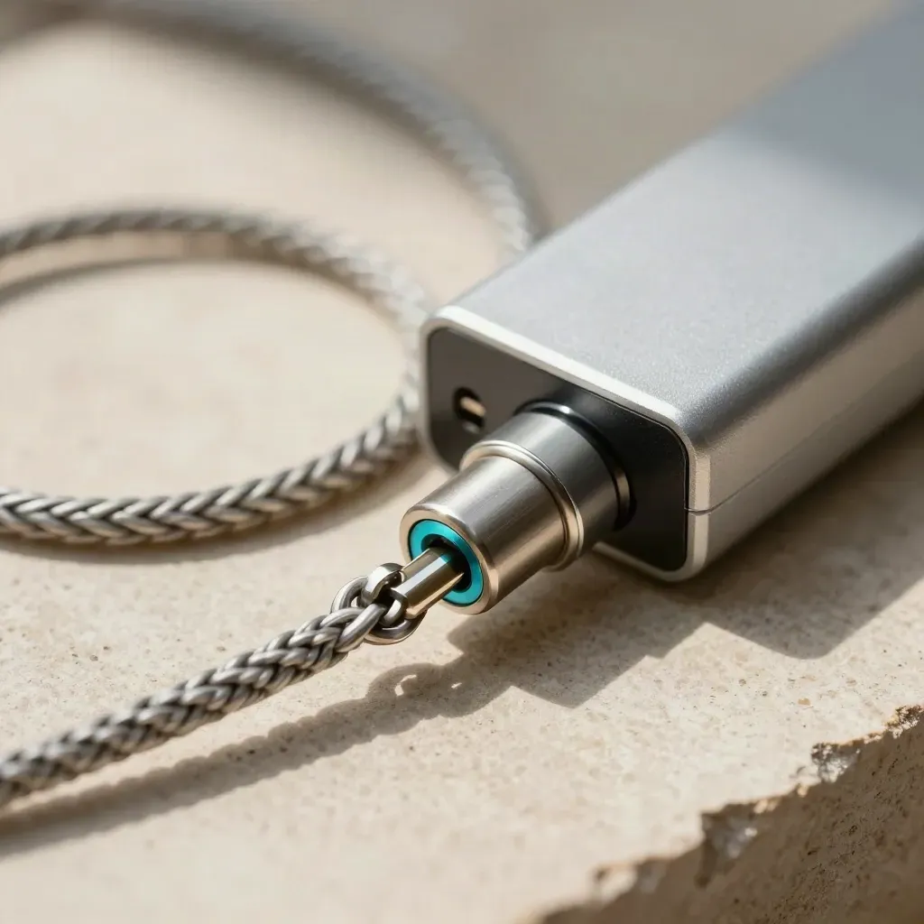 Deux boucles de câble, un dock magnétique et un patch cord tressé en macro sur pierre claire.