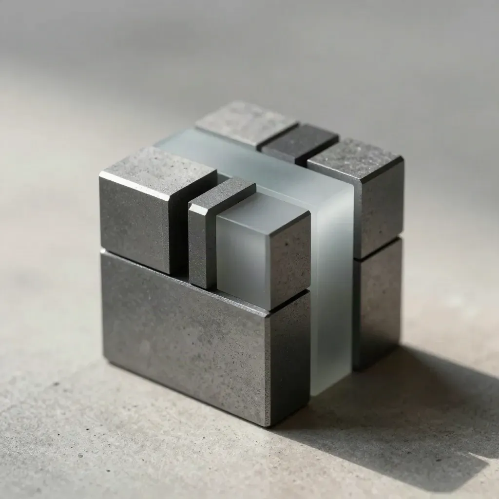 Cubes modulaires graphite et entretoise en verre dépoli sur béton gris, vue du dessus.